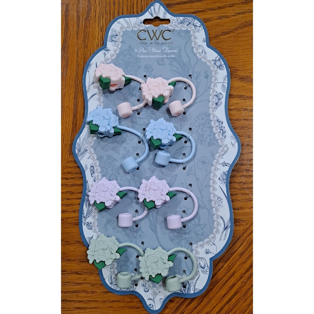New CWC 8 piece floral straw toppers Hydrangeas Pastel Colors